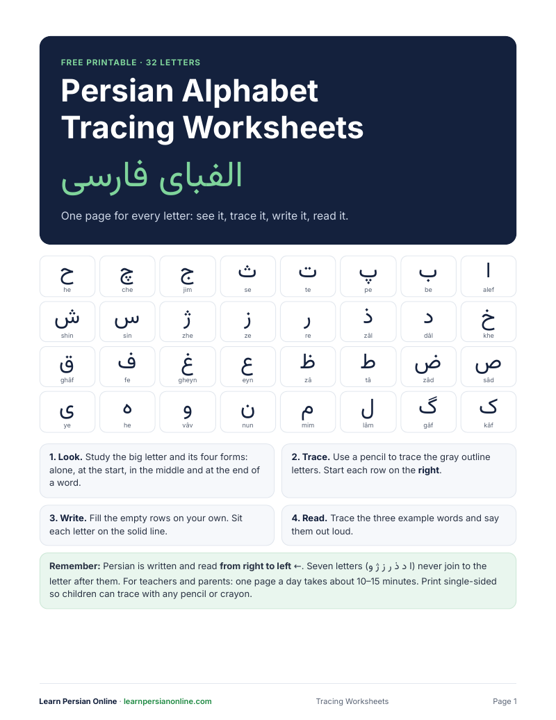 Cover of the Persian alphabet tracing worksheets showing all 32 letters